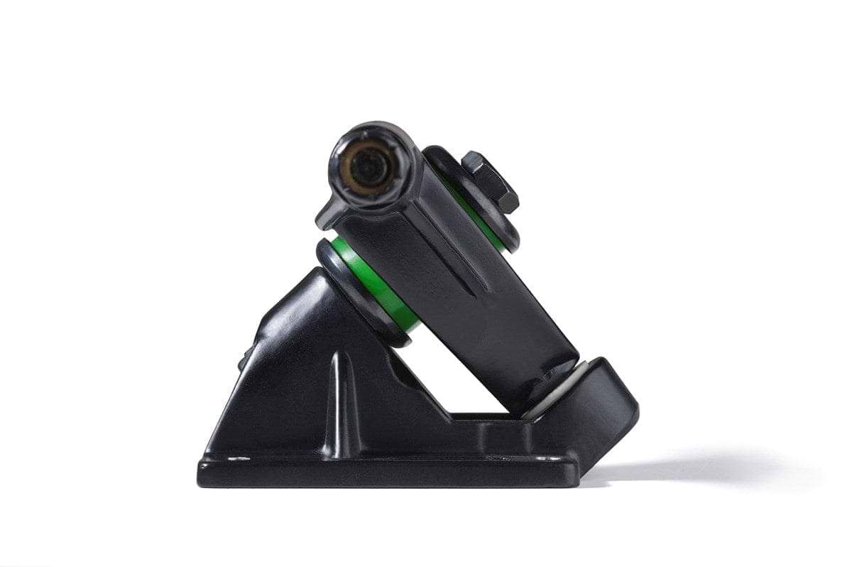 The image showcases the side view of a black skateboard truck with a green bushing, engineered for smooth carving and incorporating the Reverse Kingpin technology by Mindless. The backdrop is white, highlighting the Mindless RK Black Longboard Trucks, which measure 177mm per pair.