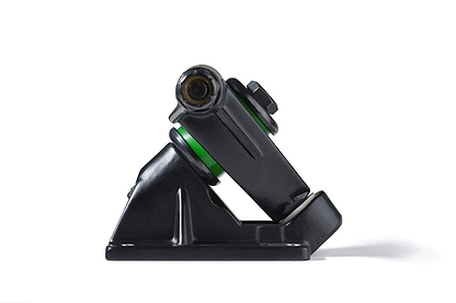 The image showcases the side view of a black skateboard truck with a green bushing, engineered for smooth carving and incorporating the Reverse Kingpin technology by Mindless. The backdrop is white, highlighting the Mindless RK Black Longboard Trucks, which measure 177mm per pair.