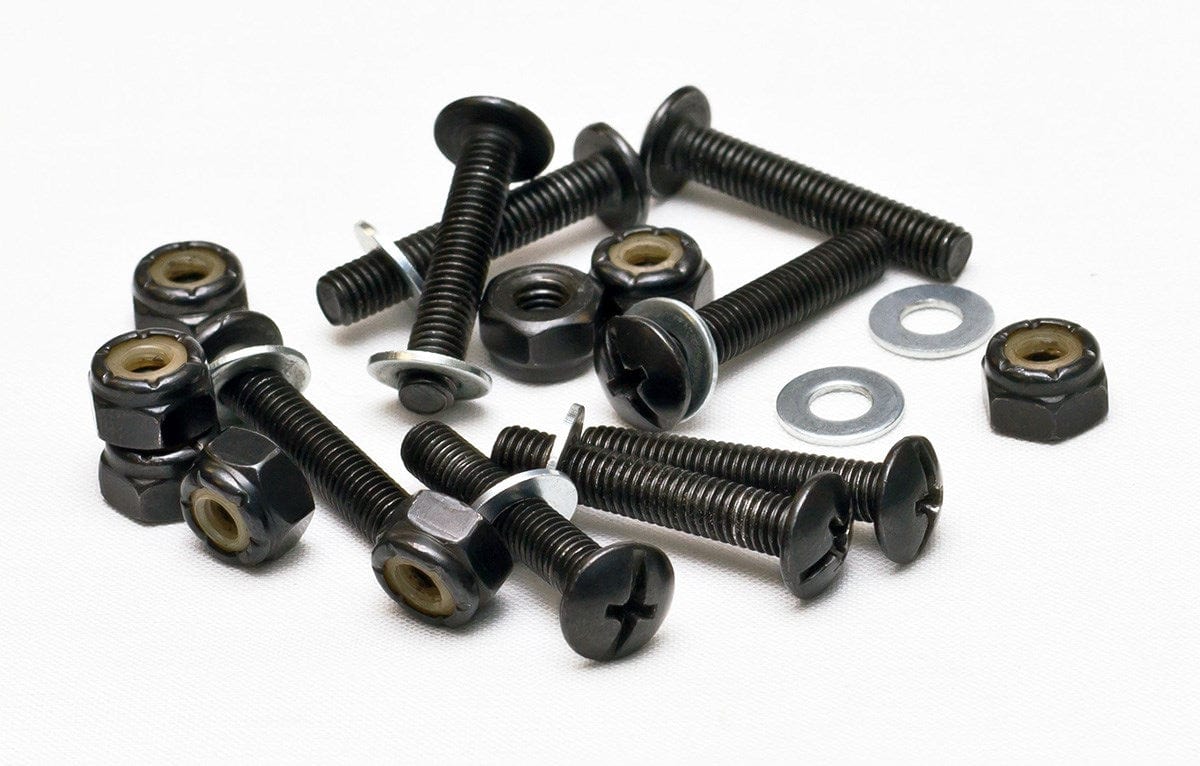 A selection of black screws, nuts, and washers is spread across a white surface. The fully threaded screws feature flat heads with cross-shaped indentations. The nuts are hexagonal, while the washers maintain a circular design. These components are perfect for assemblies involving Mindless Drop Thru Longboard Bolts - Black 1/2" or crafting your DT longboard setup.