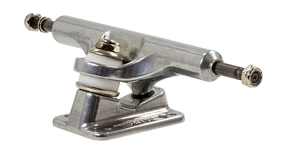A detailed view of a Mindless Gen X Raw Longboard Truck, featuring a gleaming silver finish. Perfect for wider decks, this Standard King Pin truck highlights a visible kingpin, bushings, and extending axles secured with nuts on each side. The baseplate prominently displays the Mindless brand name beneath it.