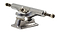 A detailed view of a Mindless Gen X Raw Longboard Truck, featuring a gleaming silver finish. Perfect for wider decks, this Standard King Pin truck highlights a visible kingpin, bushings, and extending axles secured with nuts on each side. The baseplate prominently displays the Mindless brand name beneath it.