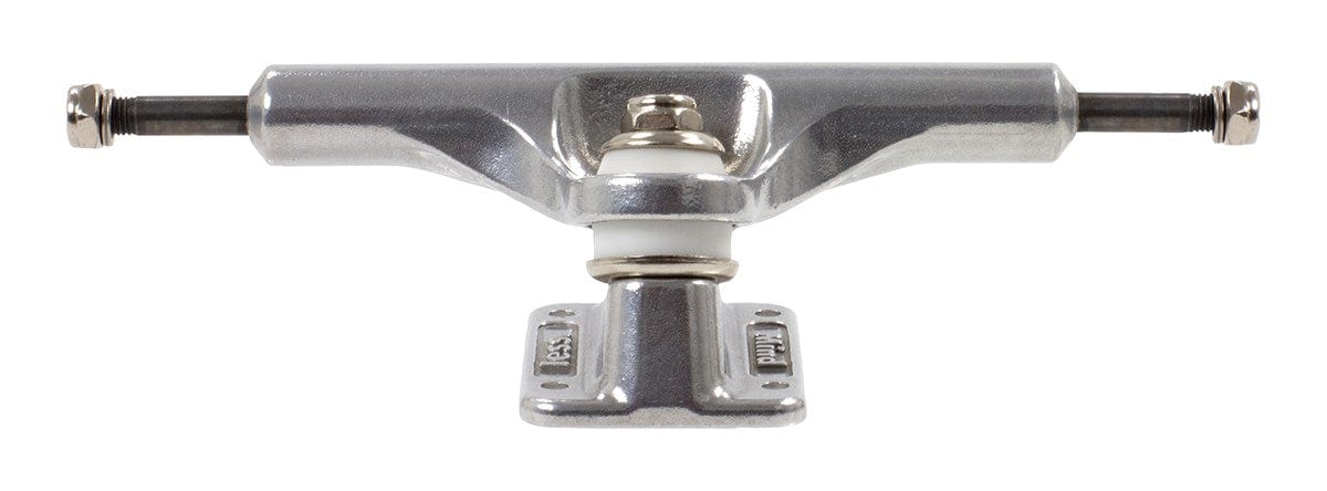 Product Description: The Mindless Gen X Raw Longboard Trucks, measuring 149mm, feature a silver design complemented by a black axle and Standard King Pin assembly. These trucks are ideal for wider decks. Side views reveal the brand markings stamped on the metal baseplate, and they come with white bushings.