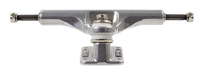 Product Description: The Mindless Gen X Raw Longboard Trucks, measuring 149mm, feature a silver design complemented by a black axle and Standard King Pin assembly. These trucks are ideal for wider decks. Side views reveal the brand markings stamped on the metal baseplate, and they come with white bushings.