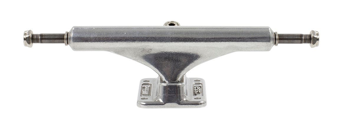 The Mindless Gen X Raw Longboard Truck, designed for wider decks and measuring 149mm, is displayed on a white background. This polished metal component features a standard kingpin with visible nuts at both ends.