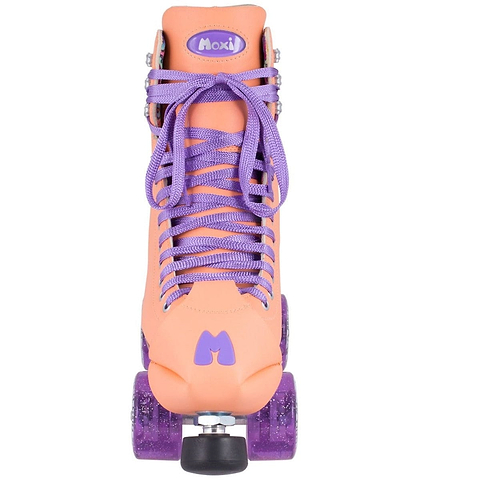 The Moxi Beach Bunny Quad Roller Skate - Peach features an orange boot with purple laces and wheels, all made from animal-friendly materials. The boot displays the Moxi logo near the top, highlighting the brand's lively Beach Bunny line.
