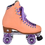 Introducing the Moxi Beach Bunny Quad Roller Skates in a charming peach color from Moxi. These animal-friendly skates feature eye-catching purple laces and wheels. The boot is adorned with decorative stitching and showcases a patterned interior lining, reminiscent of the popular Beach Bunny series by Moxi Skates. Complemented by a brown sole and durable metal base, these skates deliver exceptional style and durability on four wheels.
