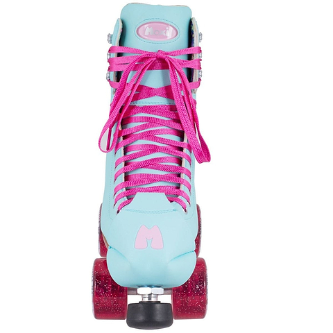A Sky Blue Moxi Beach Bunny quad roller skate, featuring vibrant pink laces and glittery wheels, ideal for animal-friendly skating adventures. Positioned to face the viewer, it prominently showcases an "M" logo above the toe stop, adding a touch of sparkle that is characteristic of Moxi's signature style.