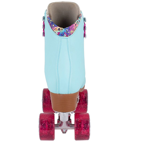 The Moxi Beach Bunny Quad Roller Skates in Sky Blue feature a colorful inner lining and pink glittery wheels, seen from the back. The skates include a brown heel, and the boot's vibrant design captures a playful style while being cruelty-free.