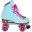 The Moxi Beach Bunny Quad Roller Skates in Sky Blue feature a vibrant turquoise design with pink laces and wheels, complemented by a floral patterned collar and a sleek wooden heel. The skates are equipped with a silver metal frame and pink toe stop, delivering a retro yet animal-friendly stylish look.