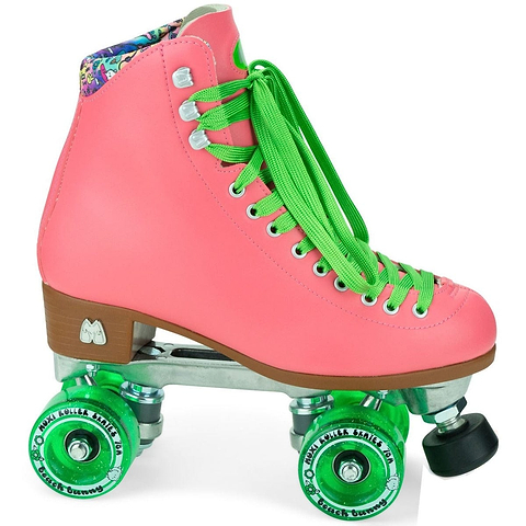 The Moxi Beach Bunny Quad Roller Skates - Watermelon feature a high-top boot in bright pink with vibrant green laces. These skates showcase mint green wheels, a wooden heel with silver accents, and an interior fabric adorned with a colorful, patterned design.