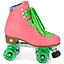 The Moxi Beach Bunny Quad Roller Skates - Watermelon feature a high-top boot in bright pink with vibrant green laces. These skates showcase mint green wheels, a wooden heel with silver accents, and an interior fabric adorned with a colorful, patterned design.