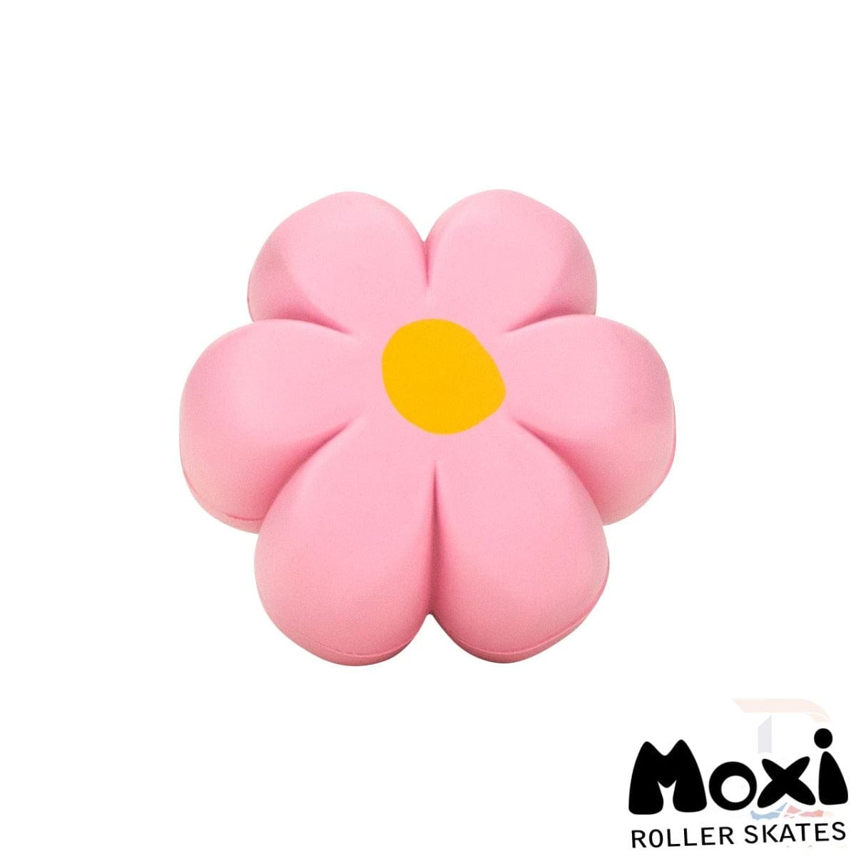 The Moxi Brake Petal Roller Skate Toe Stops - Pink Carnation features a pink flower shape with a yellow center, and the brand name, Moxi, suggests it belongs to their Brake Petal Toe Stops collection.
