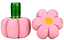Two erasers shaped like a pink flower and a pink pumpkin. The flower features a yellow center similar to the Moxi Brake Petal Roller Skate Toe Stops in Pink Carnation, while the pumpkin has a green, textured top that resembles a stem. These vibrant and whimsical erasers capture the playful spirit of Moxi Roller Skates for your desk supplies.