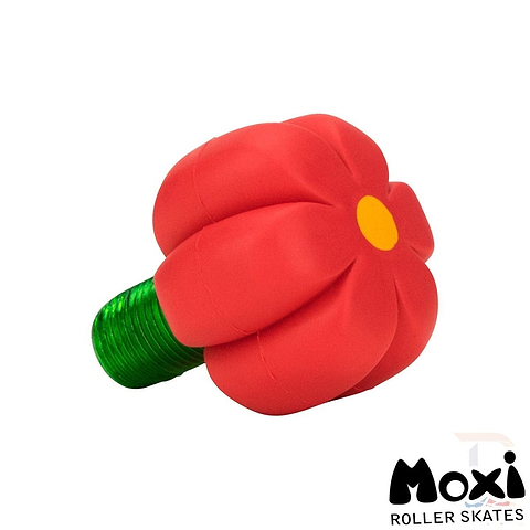 The Moxi Brake Petal Roller Skate Toe Stops in Red Hibiscus are vibrant, flower-shaped accessories with a green stem, ideal for enhancing your Roller Skates. They feature the iconic Moxi logo in the bottom right corner, adding a stylish touch to your toe stops.