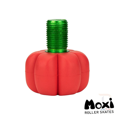Displayed on a white background is the Moxi Brake Petal Roller Skate Toe Stop in Red Hibiscus, a pumpkin-shaped toe stop with a green stem. It's an ideal accessory for Moxi fans who want to add some flair to their roller skates.