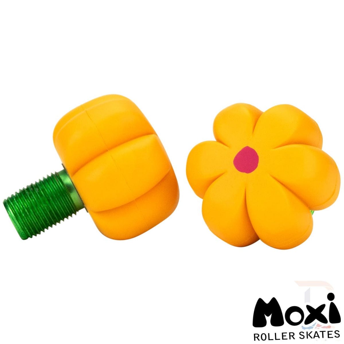 The lively Moxi Brake Petal Roller Skate Toe Stops - Yellow Daisy are designed to resemble flowers, complete with a pink center and a bright green stem-like screw. One toe stop is shown standing upright while the other lies on its side. Renowned for their durability, these feature the "Moxi" logo in the bottom right corner.
