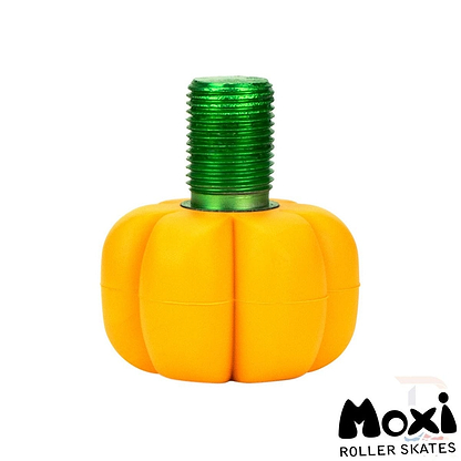 A yellow daisy-shaped Moxi Brake Petal Roller Skate Toe Stop, celebrated for its durability, with a green threaded stem is displayed against a white background. The text "Moxi Roller Skates" adorns the bottom right corner.