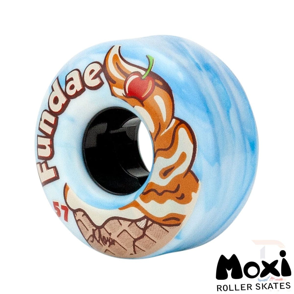 A close-up image showcases a blue roller skate wheel with an ice cream design topped with a cherry. The Moxi Fundae 92A Quad Roller Skate Wheel prominently displays the word "Fundae" and the number "57," encapsulating the Moxi Skates aesthetic. These Birthday Cake Blue wheels, measuring 57mm x 34mm, combine style and performance.