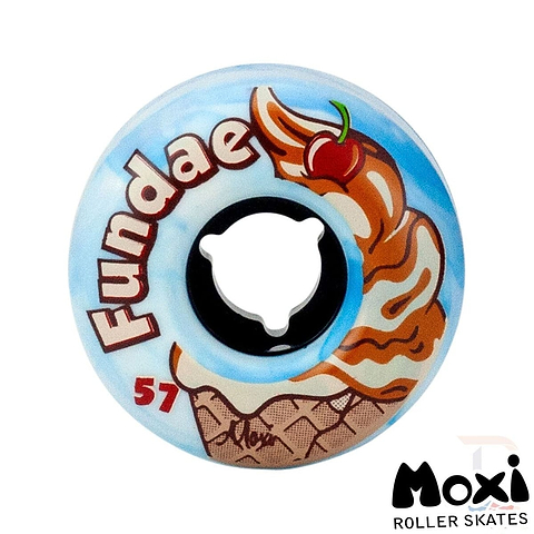 The playful essence of Fundae Wheels is captured in an illustration of a roller skate wheel with a swirl of ice cream in a cone, topped with a cherry. The text "Fundae" and the number "57" appear on it, while the Moxi logo is elegantly placed in the bottom right corner. This design represents the Moxi Fundae 92A Quad Roller Skate Wheels - Birthday Cake Blue, measuring 57mm x 34mm.