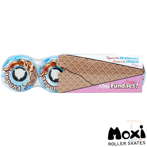 Packaging for the Moxi Fundae 92A Quad Roller Skate Wheels in Birthday Cake Blue, designed to resemble ice cream cones. These hybrid wheels are boxed in pairs, evoking scoops of ice cream. The box features the text, “Beginner in the skatepark - Advanced in the streets.”