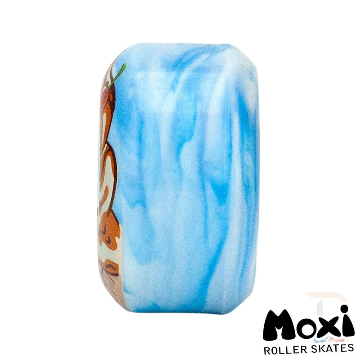 A rectangular roller skate accessory showcases a multicolored design with blue marble-like patterns and a partial brown butterfly print. The Moxi logo is elegantly placed in the bottom right corner, making it an ideal complement to your Moxi Fundae 92A Quad Roller Skate Wheels - Birthday Cake Blue setup.