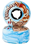 The Moxi Fundae 92A Quad Roller Skate Wheels, branded as "Birthday Cake Blue," feature a playful ice cream cone design in striking blue and brown colors. Measuring 57mm x 34mm, these vibrant hybrid wheels include a waffle cone pattern and cherry on top artwork, emphasizing their fun aesthetic.