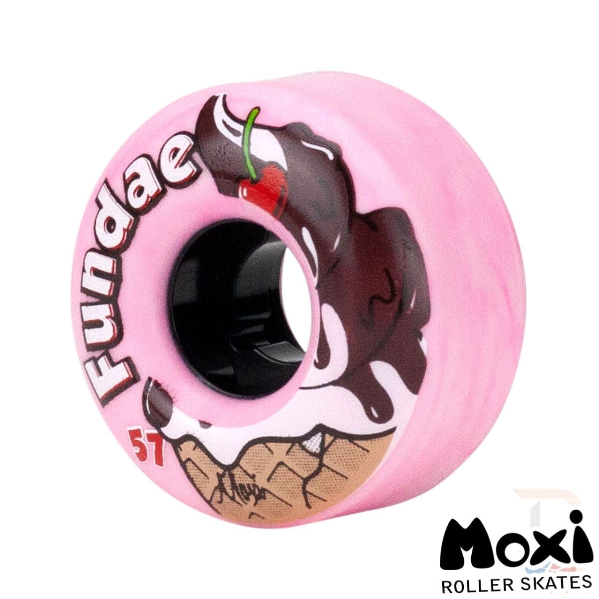 With an attention-grabbing ice cream design, the Moxi Fundae 92A Quad Roller Skate Wheels in Bubblegum Pink showcase a delightful scoop with chocolate sauce and a cherry. These wheels excel as hybrid options for both street and skatepark skating, featuring "57" next to their distinctive logo at the bottom.