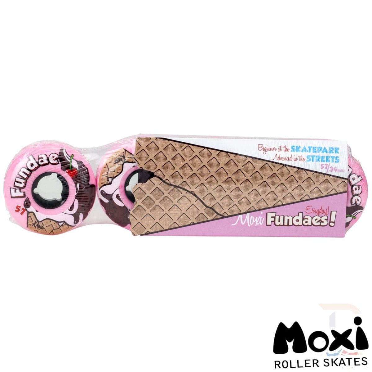 The packaging for the Moxi Fundae 92A Quad Roller Skate Wheels - Bubblegum Pink features a charming pink and brown ice cream theme, ideal for both street and skatepark use. It includes the phrase "Beginner at the Skatepark, Advanced in the Streets," with waffle patterns adorning it, and prominently displays the iconic Moxi logo.
