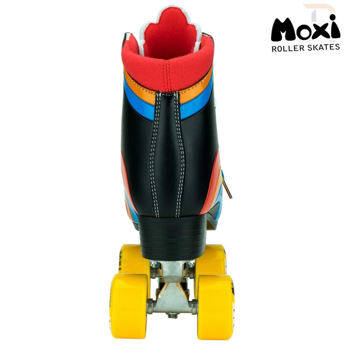 Introducing the Moxi Rainbow Quad Roller Skates - Black, ideal for beginner recreational skaters. These eye-catching outdoor roller skates showcase a bold black, orange, blue, and red design with yellow wheels and visible stitching.