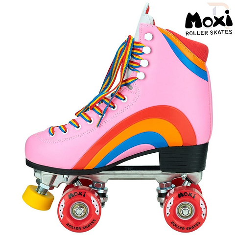 The Moxi Rainbow Quad Roller Skates in Bubblegum Pink offer a stylish design with colorful rainbow accents and coordinating laces, making them ideal for beginner recreational skaters. These outdoor skates feature a robust metal frame, vibrant red wheels showcasing the "Moxi" branding, and a yellow toe stop set against a white background.
