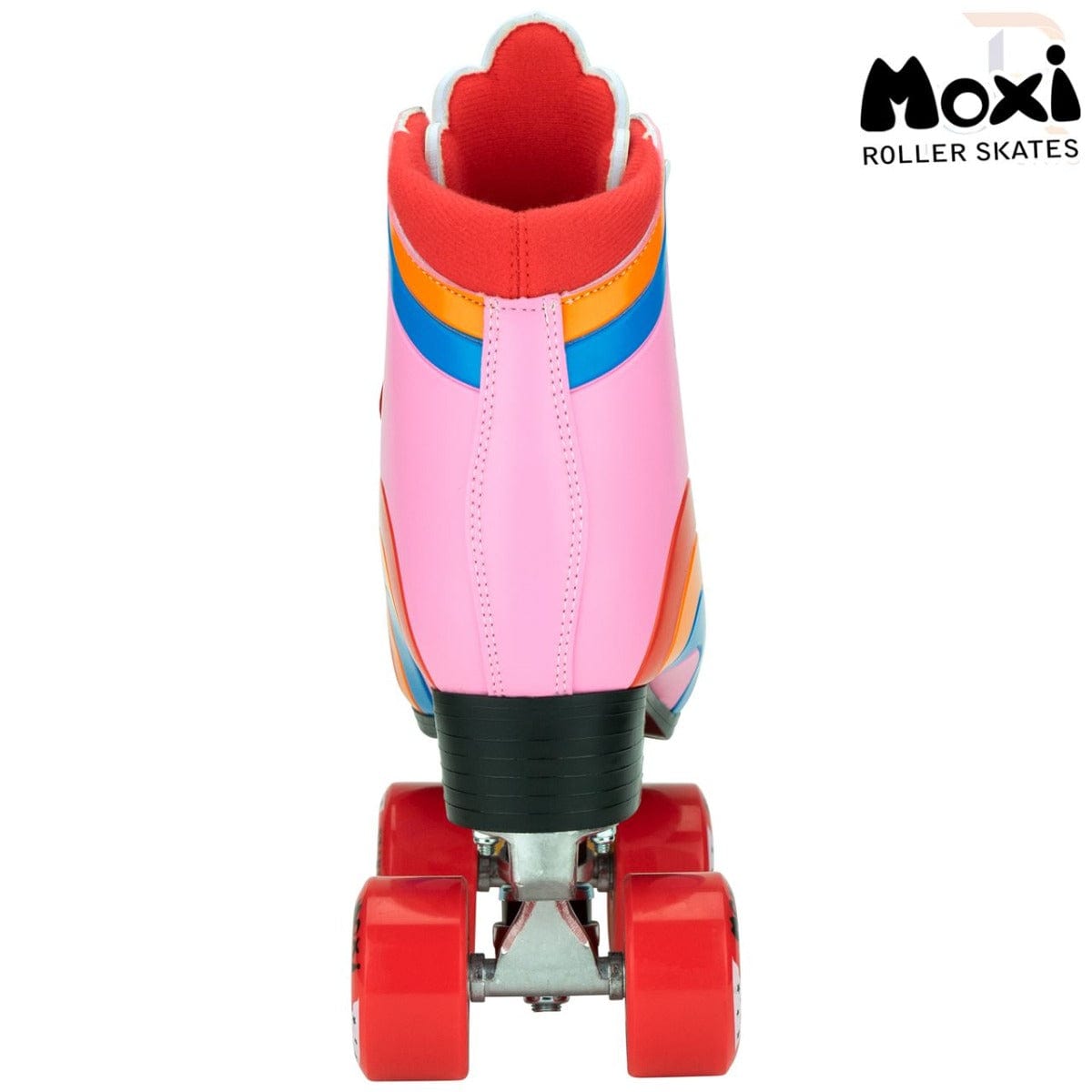 A single Moxi Rainbow Quad Roller Skate in Bubblegum Pink featuring vibrant red wheels and colorful accents is seen from behind. Ideal for beginner recreational skaters, it closely resembles the Rainbow Rider Quad Roller Skates. The top right corner proudly displays the Moxi logo.