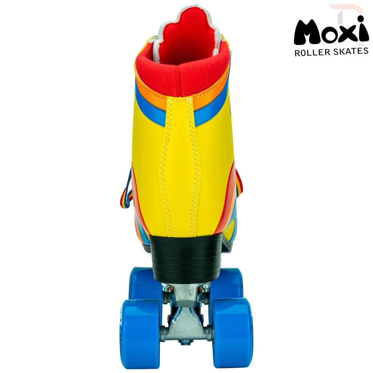 The Moxi Rainbow Quad Roller Skates in Sunset Yellow feature a vibrant yellow boot with red and blue accents, along with bright blue wheels, showcased from the back. The "Moxi" brand logo adorns the top right corner, making them an ideal choice for those looking for lively outdoor roller skates.
