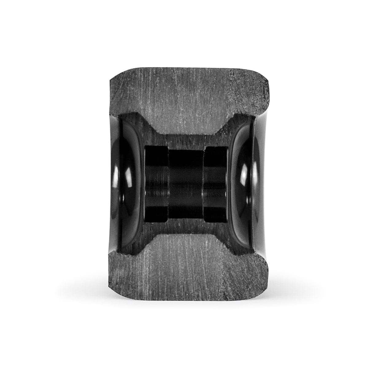 Close-up view of the Mindless Viper 65mm 82A Longboard Wheels in black, showcasing their cylindrical shape and smooth, glossy surface with a symmetrical design. The wheels have a metallic appearance with a central hollow section that highlights their intricate construction and reflective finish for optimal grip and control.