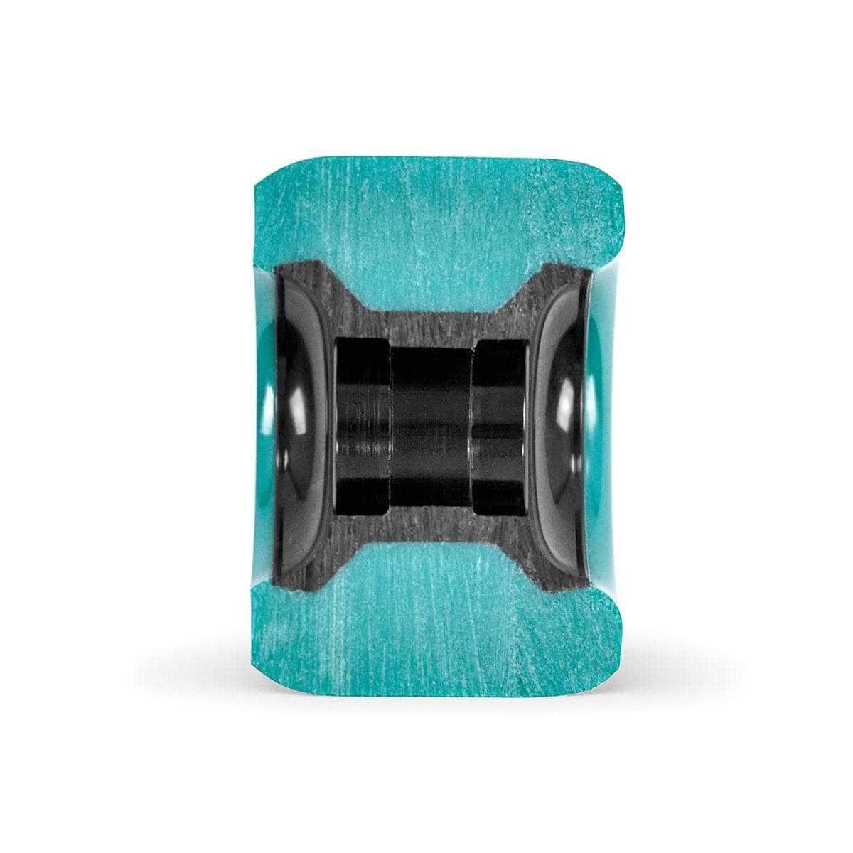 Cross-section of a cylindrical mechanical component with a teal green outer casing and black interior, designed for the Mindless Viper 65mm 82A Longboard Wheels. The central section is connected by two dark spherical elements on each side, ensuring grip and control even during downhill adventures.