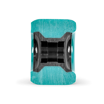 Cross-section of a cylindrical mechanical component with a teal green outer casing and black interior, designed for the Mindless Viper 65mm 82A Longboard Wheels. The central section is connected by two dark spherical elements on each side, ensuring grip and control even during downhill adventures.