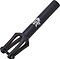 The Revolution Mutiny SCS/HIC Stunt Scooter Forks - Black by Revolution are made from CNC-milled, aircraft-grade aluminum, featuring a clamp and a cylindrical tube with a white geometric logo near the top.