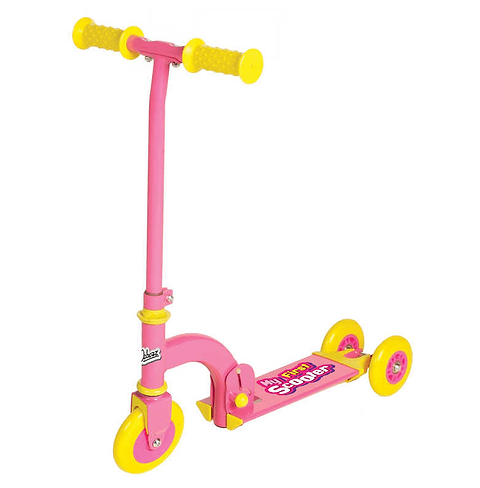 The Ozbozz My First Foldable Kids Kick Scooter in pink is a three-wheeled scooter with yellow handles and wheels, designed for beginner riders. It features a vibrant deck with colorful graphics and the Ozbozz logo.
