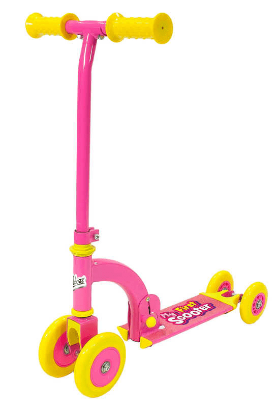 The Ozbozz My First Foldable Kids Kick Scooter in pink is perfect for beginners, featuring a vibrant deck and handlebars. Its design includes two front wheels and one rear wheel, ensuring stability and fun for new adventurers.