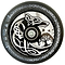 The Infinity Viking 110mm Hollowcore Stunt Scooter Wheel from Infinity showcases intricate black and silver artwork, featuring a stylized wolf, Celtic knots, and trees on a lightweight core with high rebound PU. The wheel's outer edge is embellished with laser-etched runic patterns.