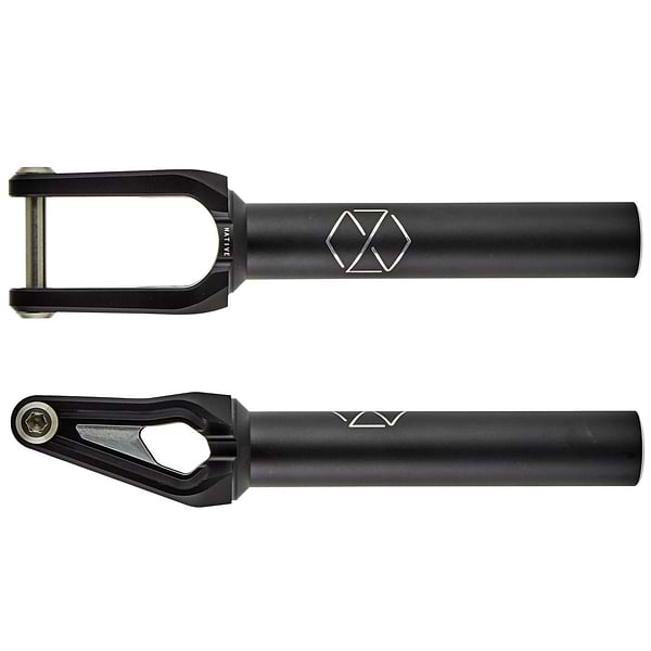 Image of two black Native Versa SCS/HIC Stunt Scooter Forks, expertly crafted from CNC-machined aluminium, arranged side by side with a hexagonal logo on each. One fork illustrates the top view with a round opening, while the other presents a side view highlighting a bolt and open slot design—an ideal selection for custom scooters.