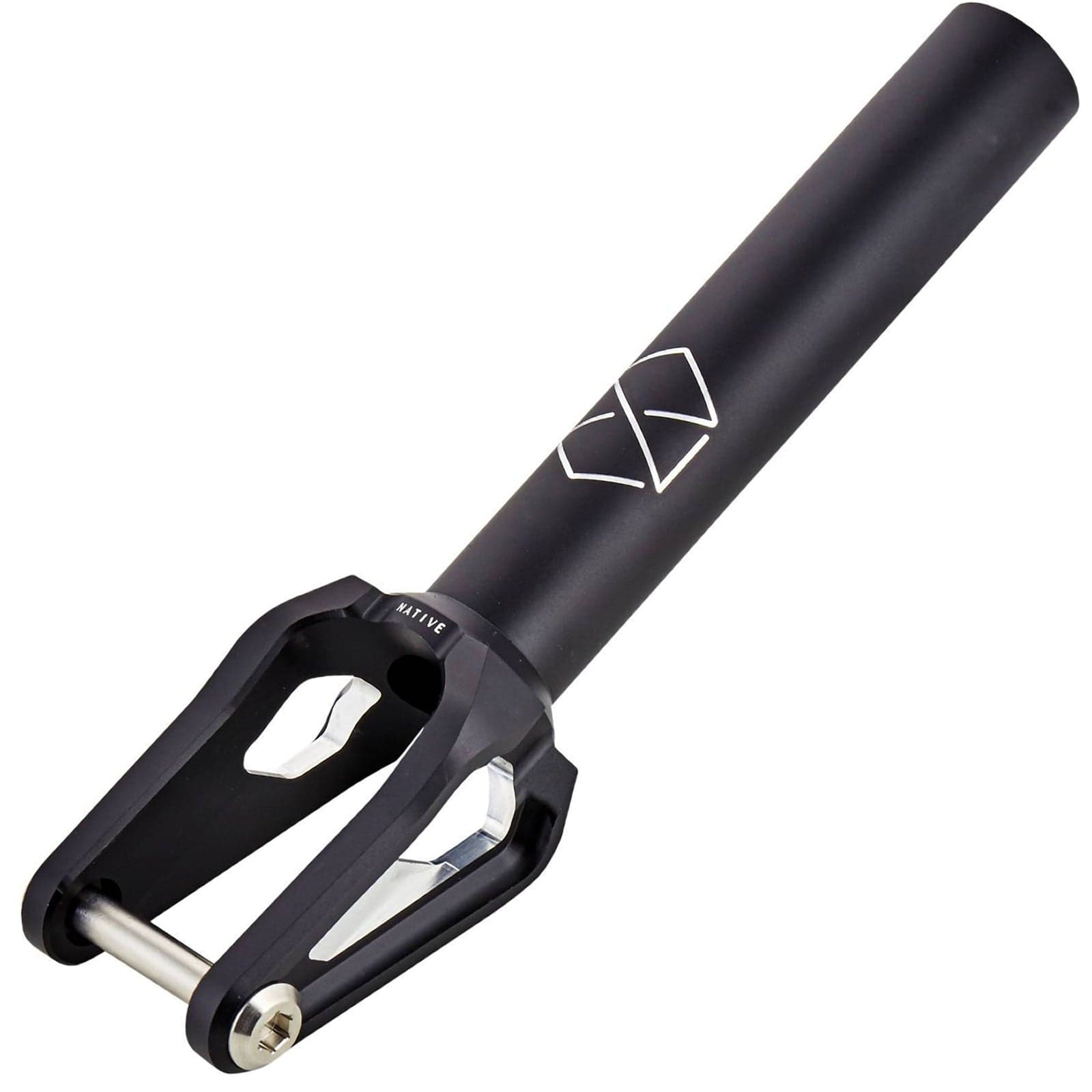 The Native Versa SCS/HIC Stunt Scooter Fork in Black/Silver highlights a sleek design with angular cutouts and the Native brand logo. Made from CNC-machined aluminum, this black fork features a long cylindrical tube for custom attachment to your scooter deck, combining both durability and style.
