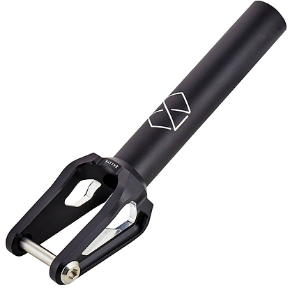 The Native Versa SCS/HIC Stunt Scooter Fork in Black/Silver highlights a sleek design with angular cutouts and the Native brand logo. Made from CNC-machined aluminum, this black fork features a long cylindrical tube for custom attachment to your scooter deck, combining both durability and style.