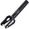 The Native Versa SCS/HIC Stunt Scooter Fork in Black/Silver highlights a sleek design with angular cutouts and the Native brand logo. Made from CNC-machined aluminum, this black fork features a long cylindrical tube for custom attachment to your scooter deck, combining both durability and style.
