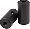 Two black cylindrical spacers, reminiscent of Native Advent Stunt Scooter Deck Ends - 140mm by Native, one lying down and one standing upright. Each aluminum spacer features a central threaded hole and a side hole. The objects are placed on a pristine white background.