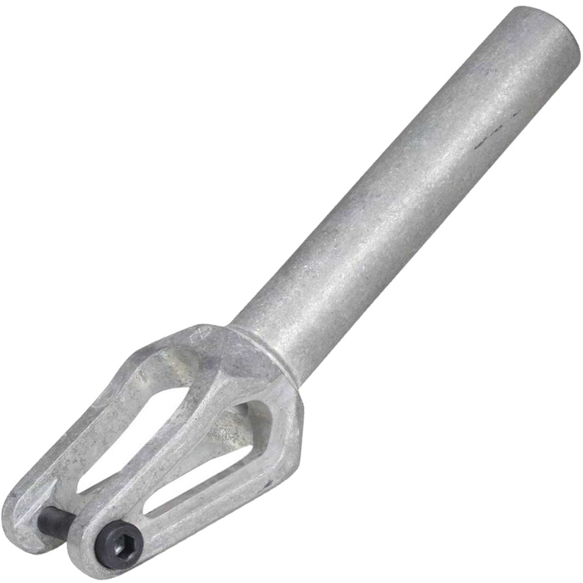 The Native Stem SCS/HIC Stunt Scooter Fork - Raw is a robust scooter fork with a cylindrical stem and two-pronged base, making it perfect for street riding. Its silver hue conveys strength and reliability, rendering it an excellent choice for beginner riders seeking precise steering by attaching it to their scooter's front wheel.