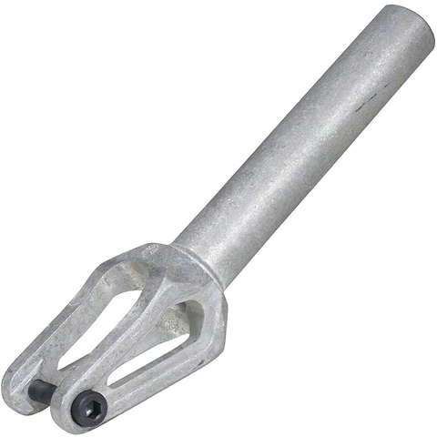 The Native Stem SCS/HIC Stunt Scooter Fork - Raw is a robust scooter fork with a cylindrical stem and two-pronged base, making it perfect for street riding. Its silver hue conveys strength and reliability, rendering it an excellent choice for beginner riders seeking precise steering by attaching it to their scooter's front wheel.
