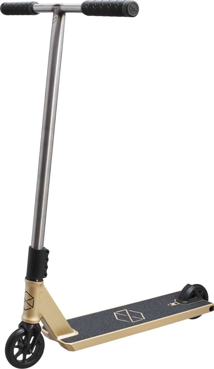 Introducing the Native Stem 560mm Complete Stunt Scooter - Saundezy Gold, a sleek metal scooter crafted for street riding. It features a gold deck complemented by black grip tape, striking black wheels, and a silver handlebar adorned with black grips. The minimalist design reflects its focus on performance and style.