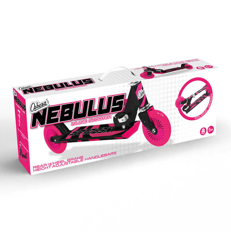 Image of the Ozbozz Nebulus Foldable Kids Kick Scooter box. The packaging highlights a black and pink scooter with neon pink wheels, featuring a rear wheel brake and adjustable handlebar. Ideal for children aged 6 and up.