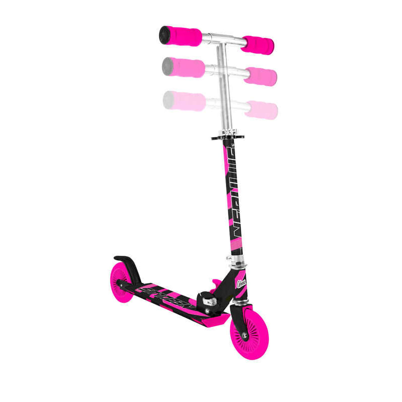The Ozbozz Nebulus Foldable Kids Kick Scooter in black and pink features an adjustable handlebar with pink foam grips. Its stylish design includes foldable functionality, pink wheels, and a flair deck to accommodate growing riders.