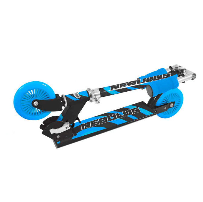 A folded Ozbozz Nebulus scooter in black and blue rests on its side, featuring an adjustable handlebar. This sleek kids' scooter has blue wheels and handlebars, with "NEBULUS" branding on the deck. Its foldable design ensures easy storage and transport.